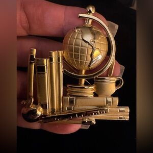 Signed AJC School Teacher Brooch Pin Globe Books Pencil Ruler Apple Coffee Mug